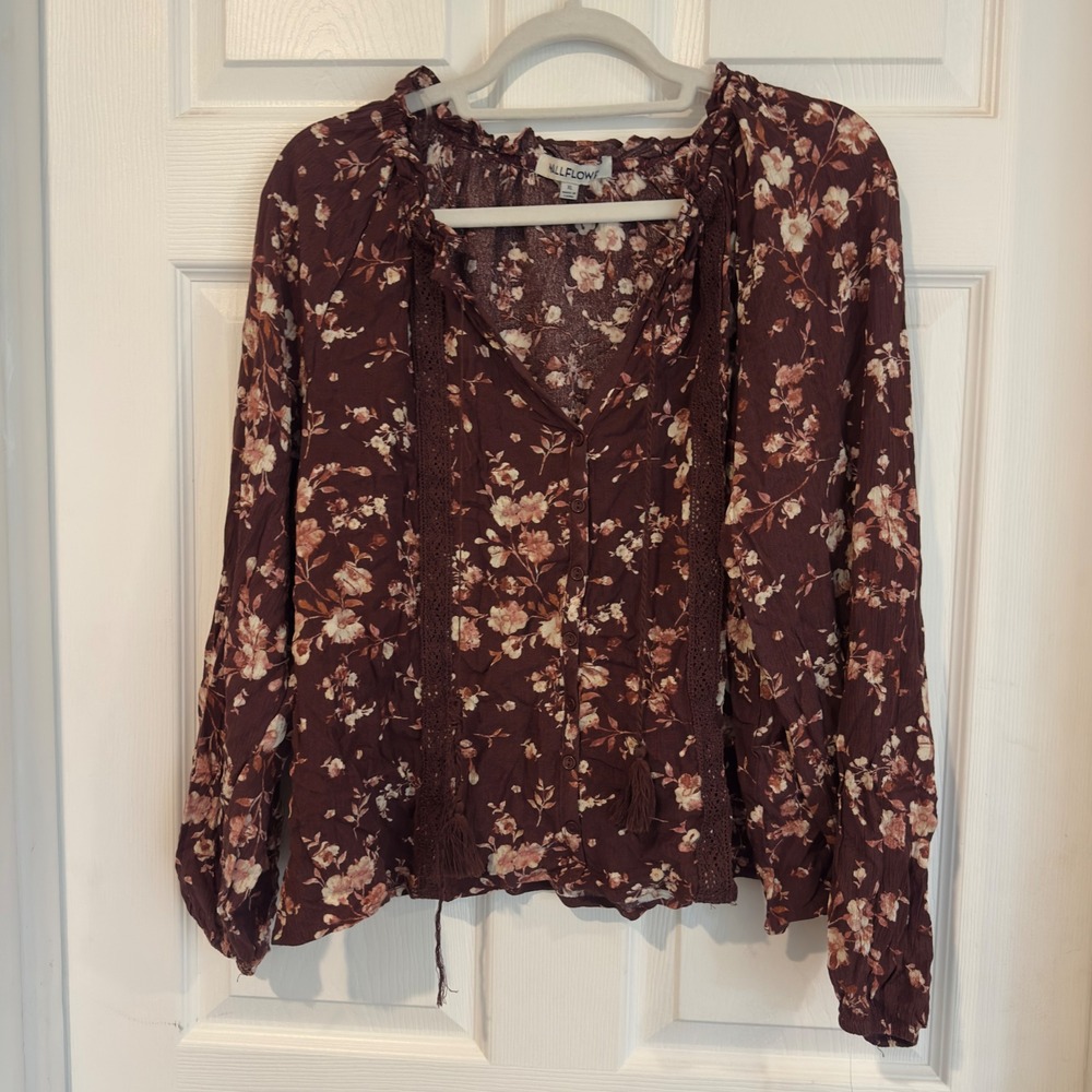Wallflower Dawson Peasant Top Burgundy Floral Lace Tassel Blouse XL NEW